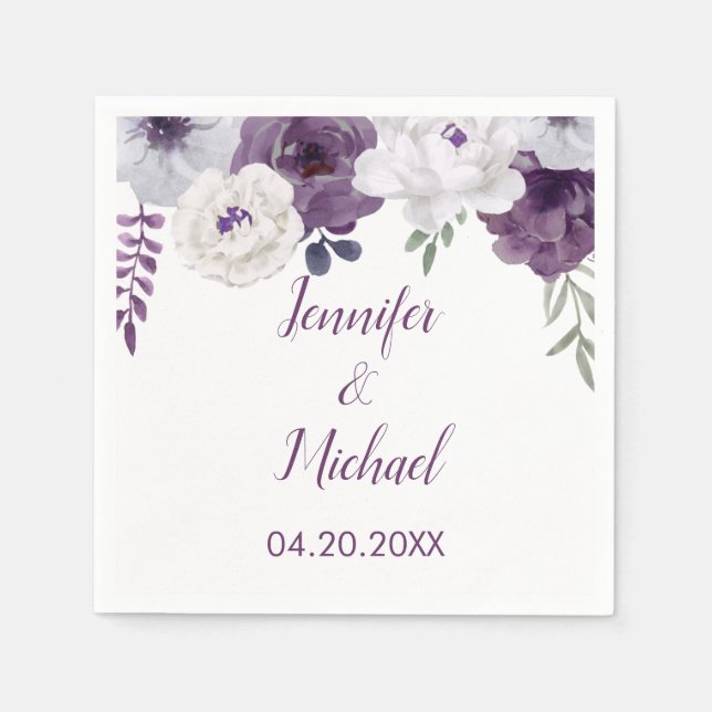 Romantic Floral Purple Silver Personalize Wedding Napkins (Front)