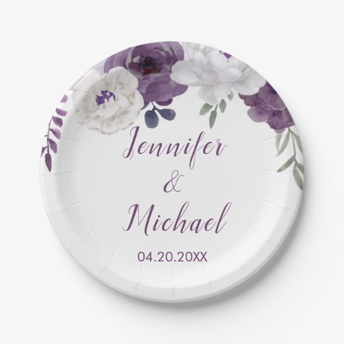 Romantic Floral Purple Silver Personalize Wedding Paper Plates