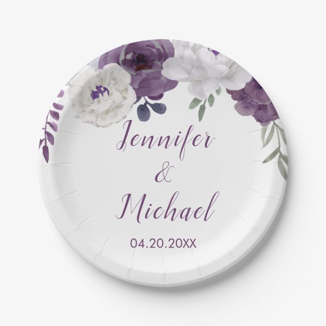 Romantic Floral Purple Silver Personalize Wedding Paper Plates (Front)