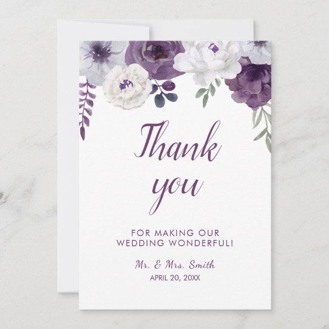 Romantic Floral Purple Silver Personalize Wedding  Thank You Card (Front)