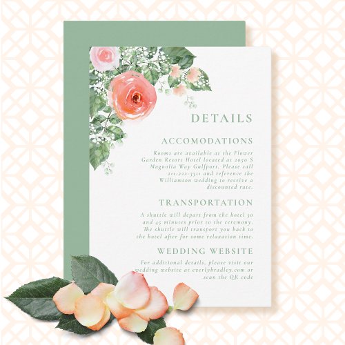 Romantic Floral QR Code Coral Sage Detail Wedding  Enclosure Card