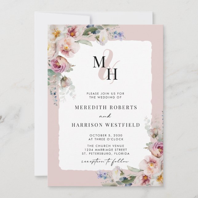 Romantic Floral QR Code Monogram Wedding Invitation (Front)