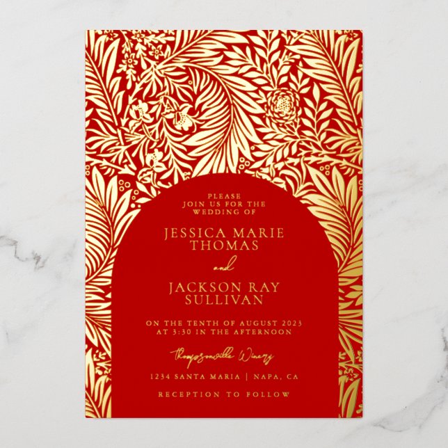 Romantic Floral Red and Gold Wedding Foil Invitation (Front)