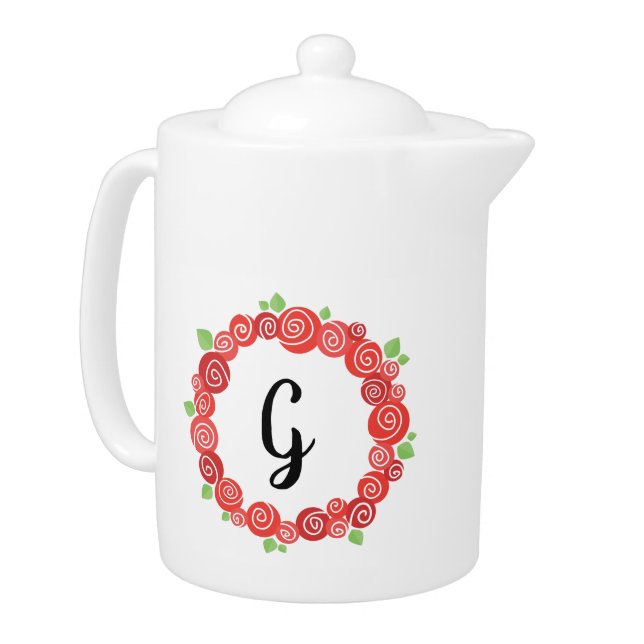 Romantic floral, red roses wreath monogram teapot (Left)