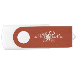 Romantic Floral Red Rust Mr & Mrs Wedding Logo Flash Drive
