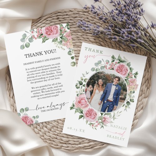 Romantic Floral Rose Wreath Wedding Photo Thank You Card
