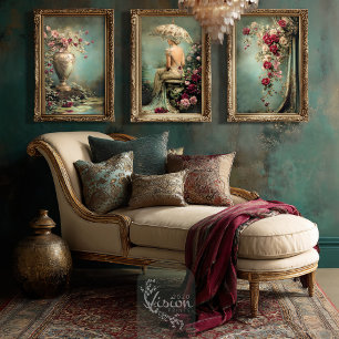 Romantic Floral Sage Green Lady & a Parasol  Wall Art Sets
