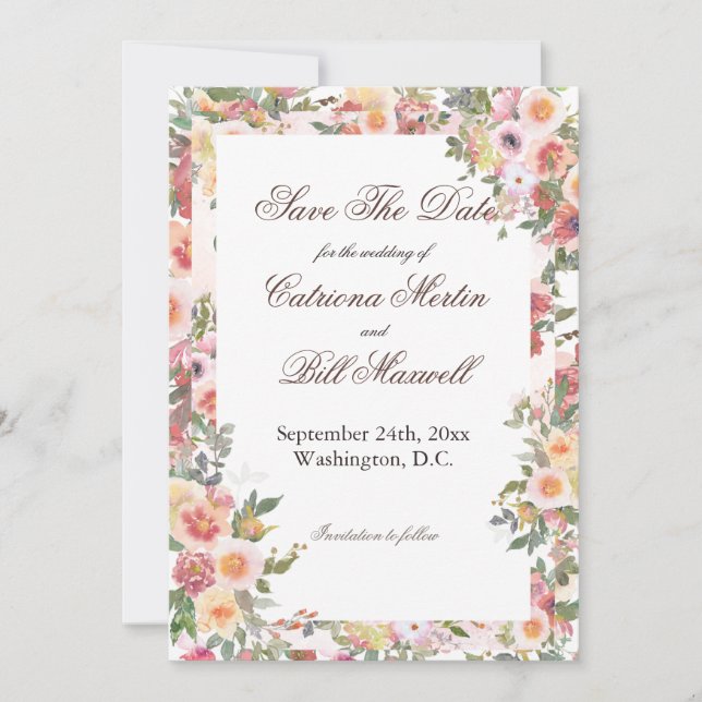 Romantic Floral Save The Date Card (Front)