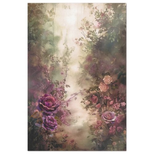 Romantic Floral Scene Burgundy Wine  Green Tissue Paper