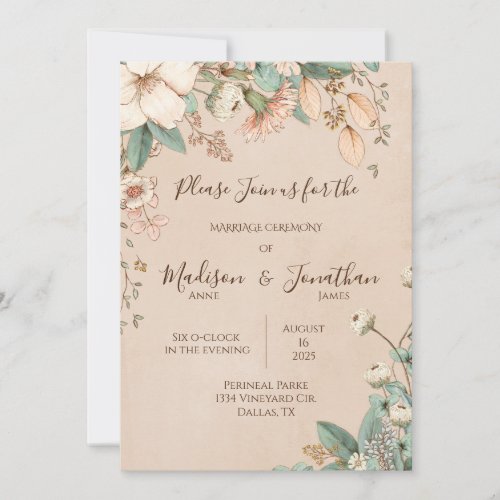 Romantic Floral Script Hand Drawn Pretty Wedding Invitation