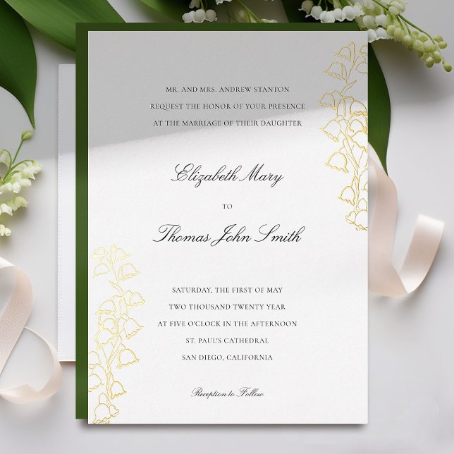 Romantic Floral Sketch Lily Valley Formal Wedding Foil Invitation (lily of the valley wedding invitation formal traditional elegant gold foil floral sketch fine art)