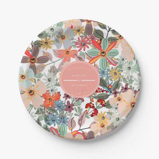 Romantic Floral soft Pink Green peach  Classic  Paper Plates (Front)