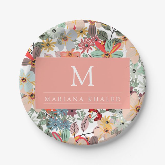 Romantic Floral soft Pink Green peach  Classic   Paper Plates (Front)
