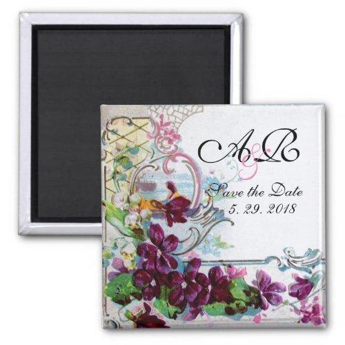 Romantic Floral Swirls Purple Pansies Save Date Magnet