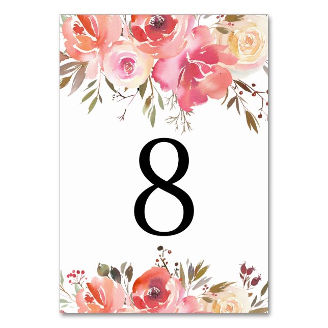 Romantic Floral Table Cards Wedding Table Numbers (Front)