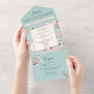 Romantic Floral Toile Wedding All In One Invitation