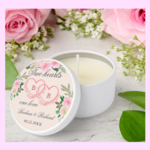 Romantic Floral Two Hearts Monogram Name Date Mini Candle Favors