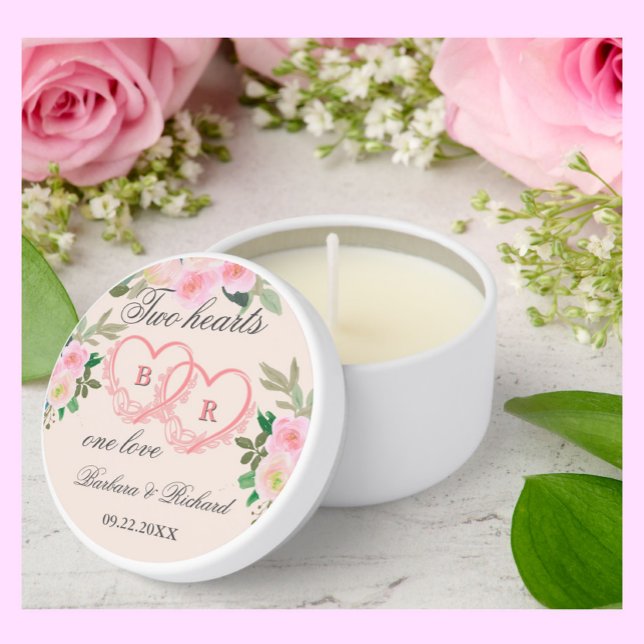 Romantic Floral Two Hearts Monogram Name Date Mini Mini Candle Favors (Creator Uploaded)