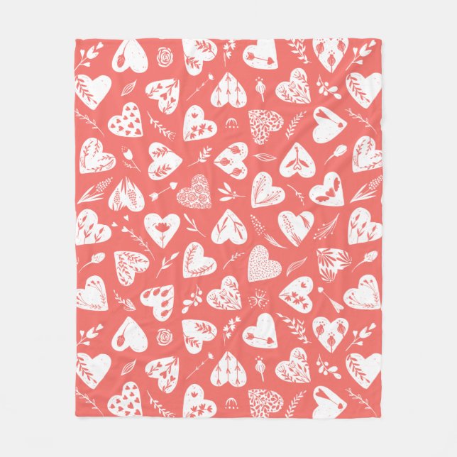 Romantic Floral Valentine Hearts Pattern Coral Fleece Blanket (Front)