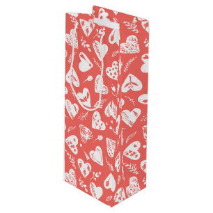 Romantic Floral Valentine Hearts Pattern Coral Wine Gift Bag