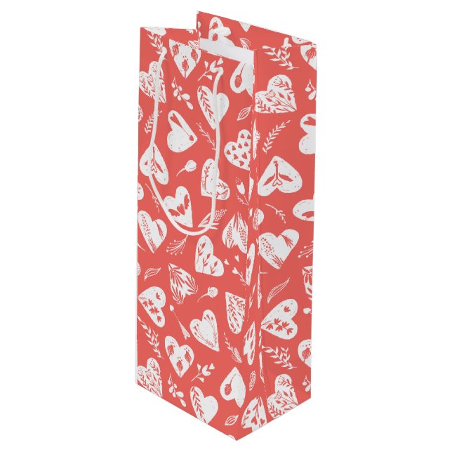 Romantic Floral Valentine Hearts Pattern Coral Wine Gift Bag (Front Angled)