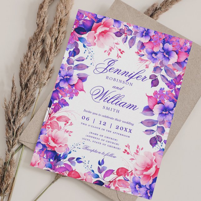Romantic Floral Vibrant Purple Elegant Wedding  Invitation (Romantic Floral Vibrant Purple Elegant Wedding Invitation)