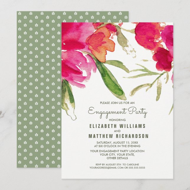 Romantic Floral Watercolor Engagement Party Invite (Front/Back)
