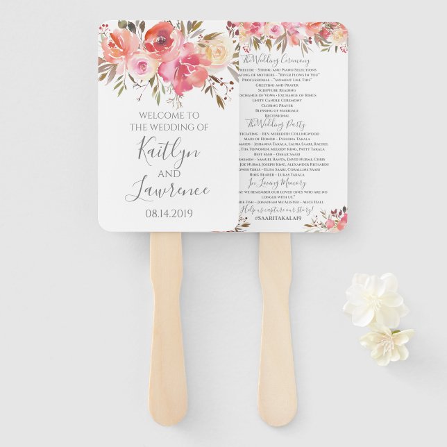 Romantic Floral Watercolor Flowers Wedding Program Hand Fan (Front and Back)