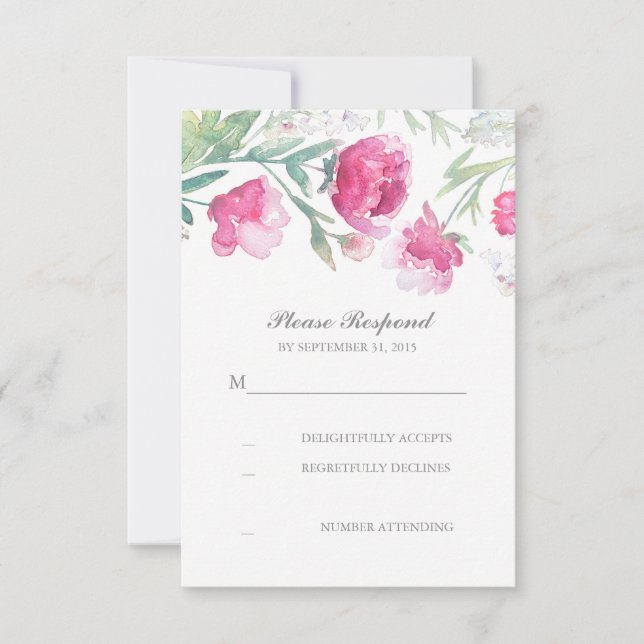 romantic floral watercolor peonies wedding RSVP Card (Front)