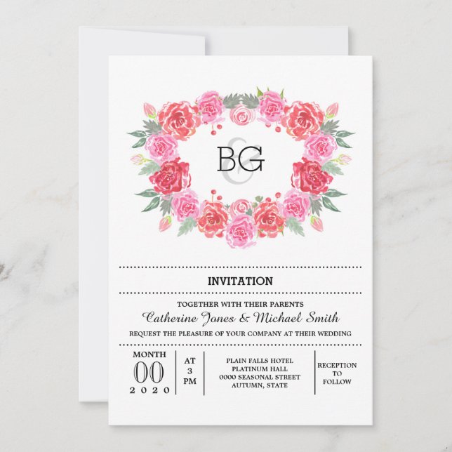 Romantic floral watercolor rose wreath invitation (Front)