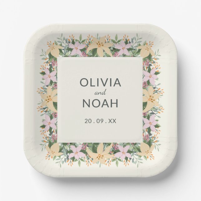 Romantic floral wedding - boho party paper plates (Front)