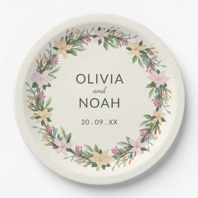 Romantic floral wedding - boho party paper plates (Front)