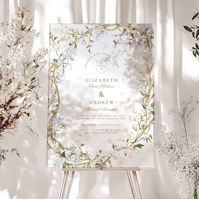 Romantic Floral Wedding Design with Monogram Crest Acrylic Sign (Creator Uploaded)