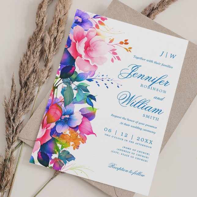 Romantic Floral Wedding Elegant Rainbow Ombre Invitation (Romantic Floral Wedding Elegant Rainbow Ombre Invitation)