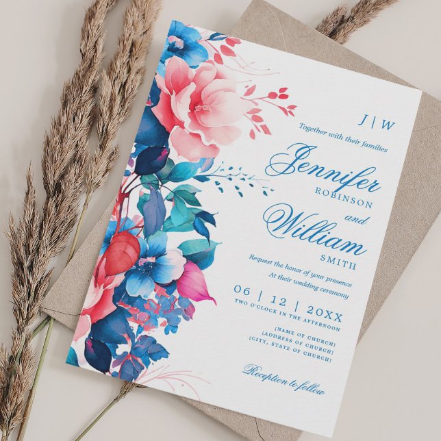 Romantic Floral Wedding Elegant Script Blue Pink Invitation (Romantic Floral Wedding Elegant Script Blue Pink Invitation)