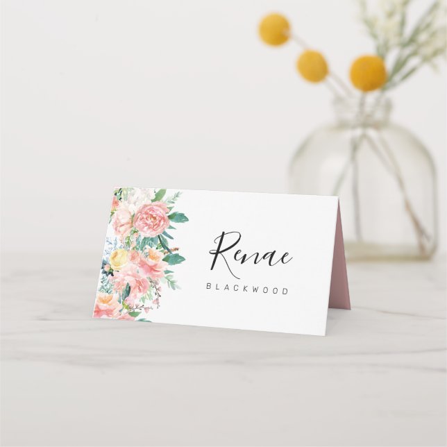 Romantic floral wedding escort card, floral place card (Front)