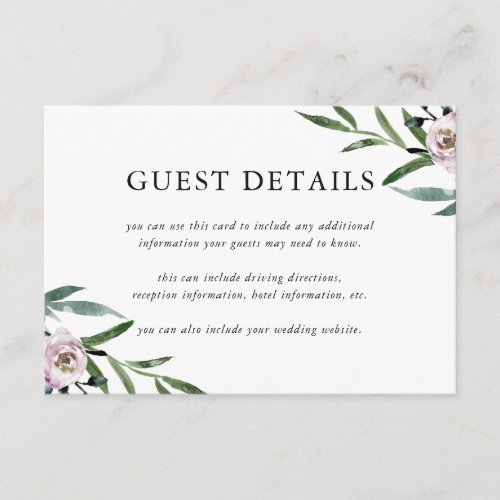 Romantic Floral Wedding Guest Details Enclosure Card
