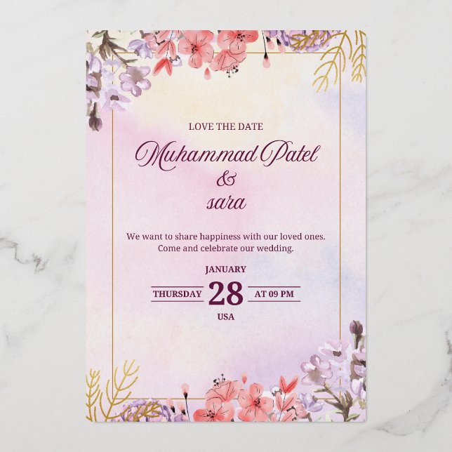 Romantic Floral Wedding Invitation – Elegant Paste Foil Invitation (Front)