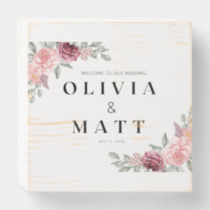 Romantic Floral Wedding Invitation – Pink & Burgun Wooden Box Sign