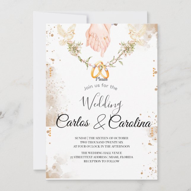 Romantic Floral Wedding Invitation with Gold Rings (Front)