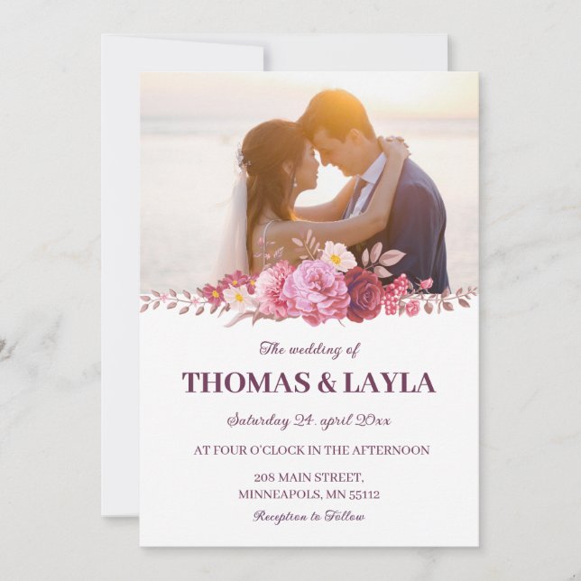 Romantic Floral Wedding Invitation with Photo (Front)