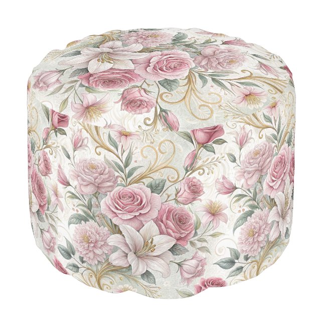 Romantic Floral Wedding Patterns Pouf (Angled Back)