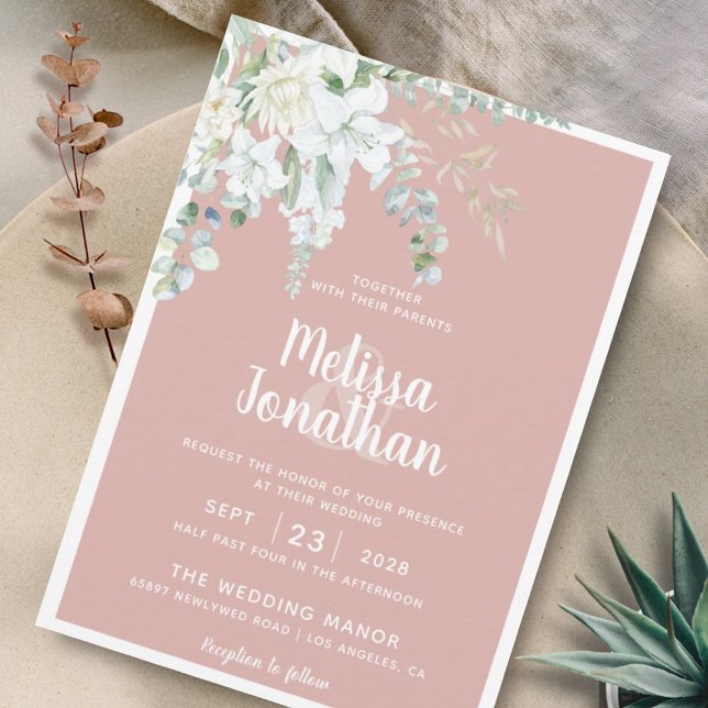 Romantic floral white flowers pink classic wedding invitation (Creator Uploaded)