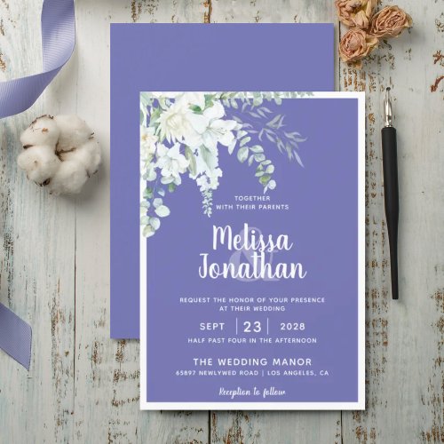 Romantic floral white gentle flower purple wedding invitation