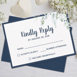 Romantic floral white gentle flowers blue wedding RSVP card