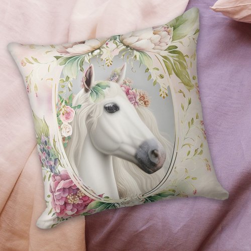 Romantic Floral White Horse  Throw Pillow