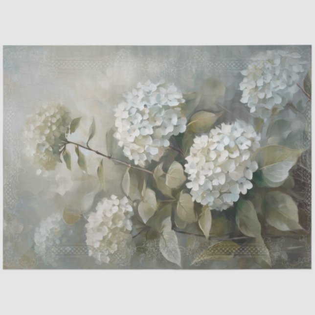 Romantic Floral White Hydrangea Vintage Decoupage Tissue Paper (Front)