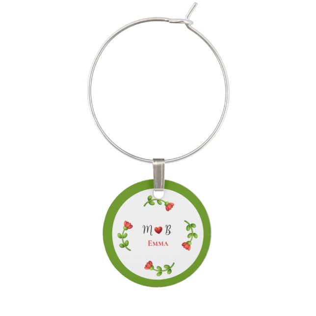 Romantic Floral Wreath - Initials and Guest Name Wine Charm (Front)