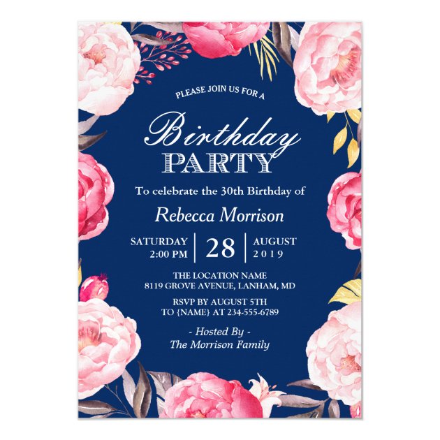 Romantic Floral Wreath Navy Blue Birthday Party Card (front side)