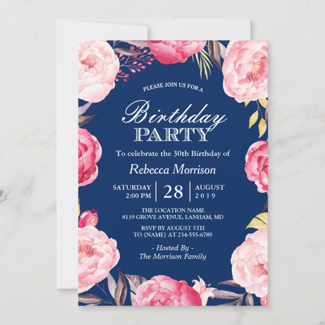 Romantic Floral Wreath Navy Blue Birthday Party Invitation (Front)